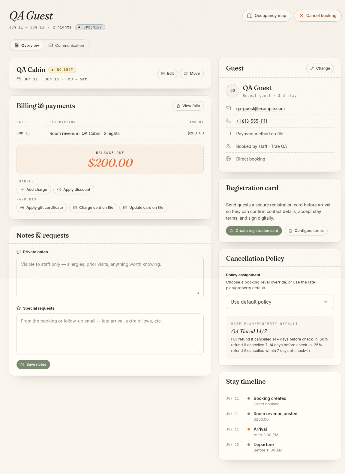 A booking overview with billing, guest, and stay details