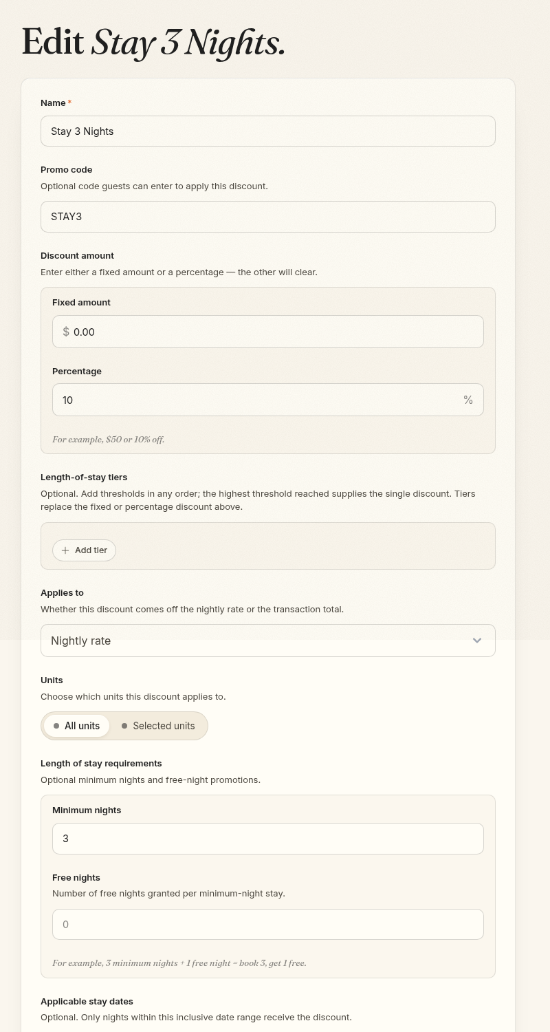 A percentage discount with promo code, stay requirements, and unit scope