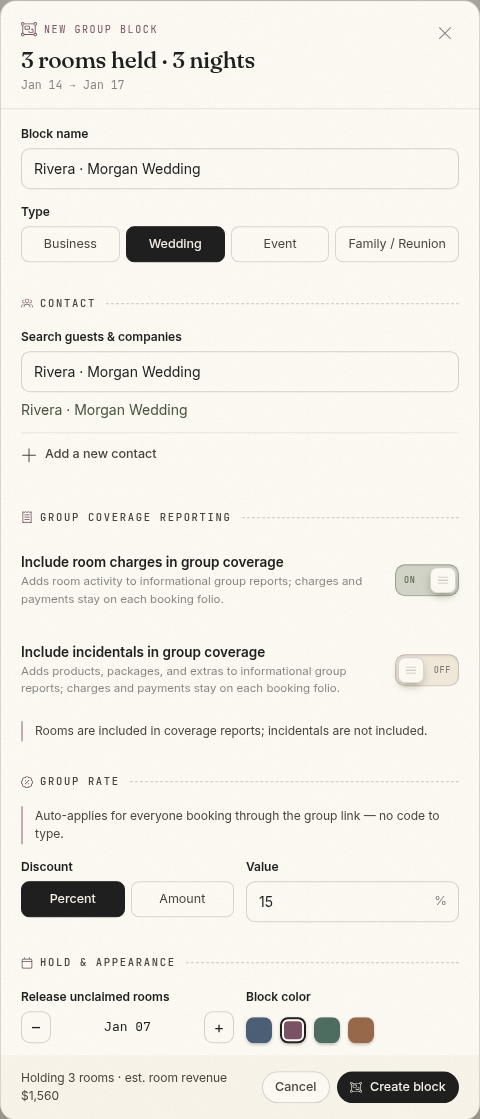 The new group block form with contact, coverage, rate, and cutoff settings