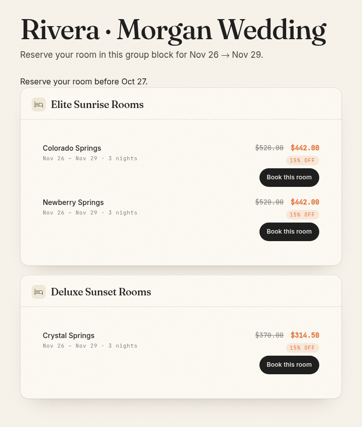 The private guest page for choosing a held room