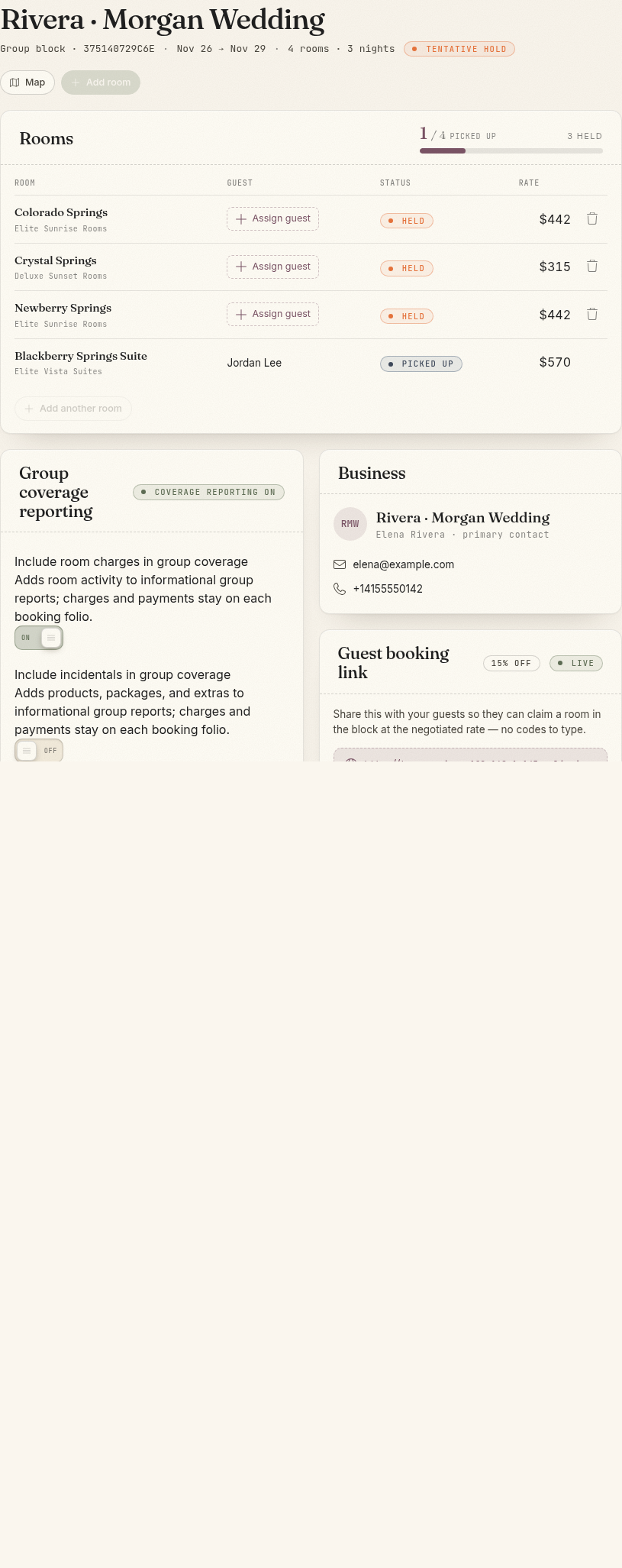 A group block with pickup progress, links, cutoff, and coverage reporting