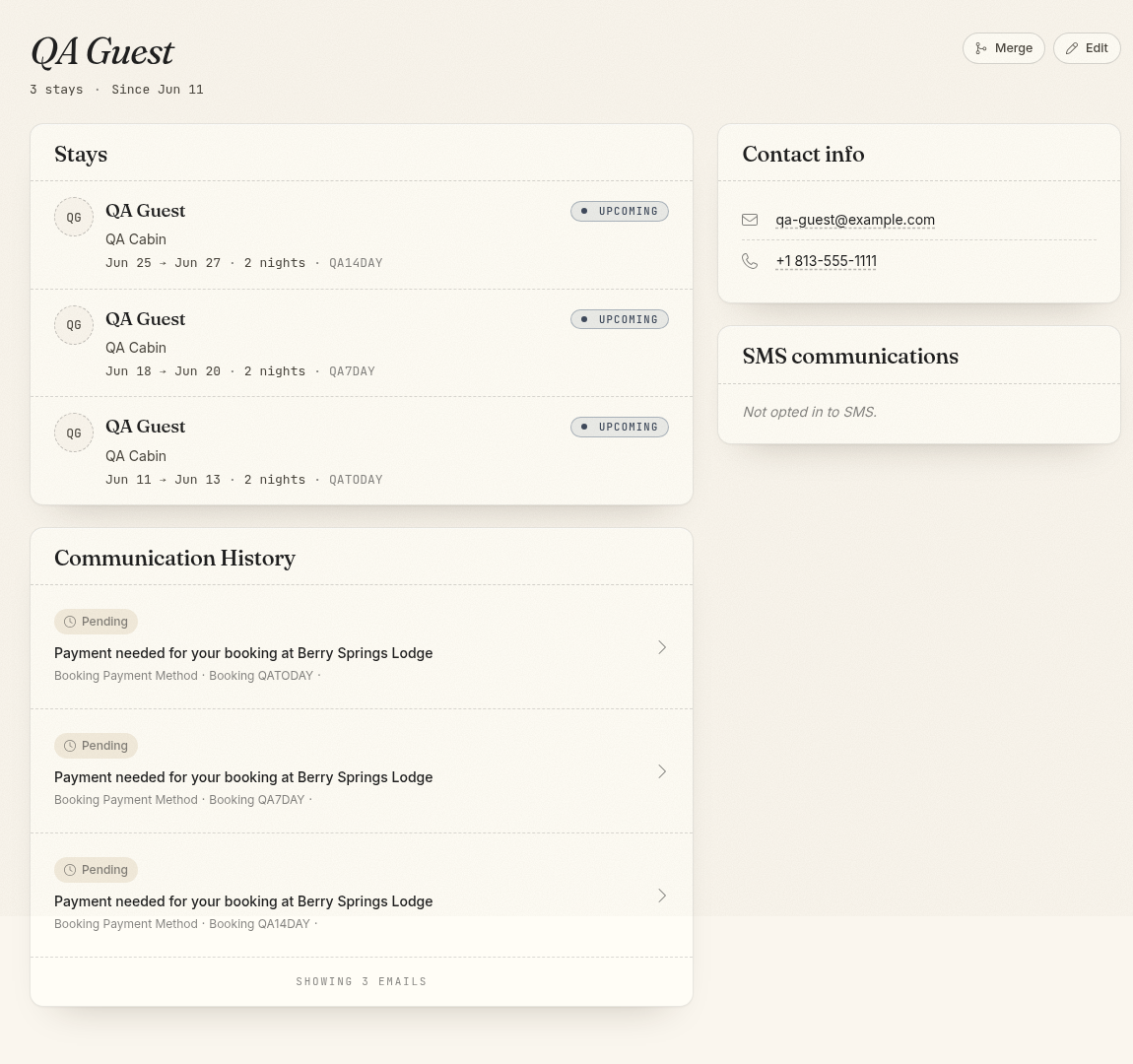 A guest profile with stays, communication, and contact information