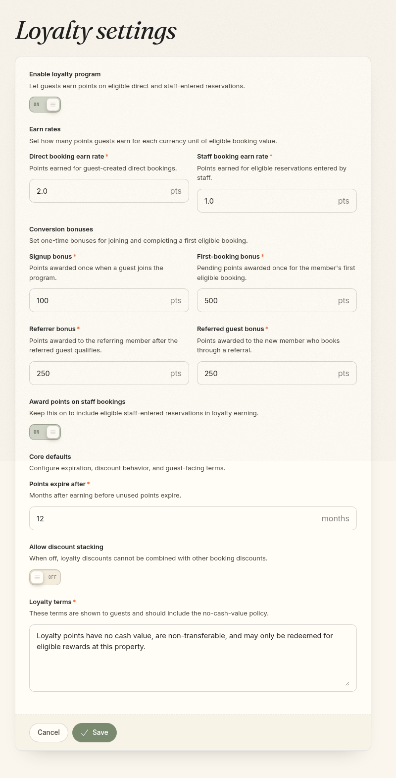 Loyalty settings with example earn rates and bonuses