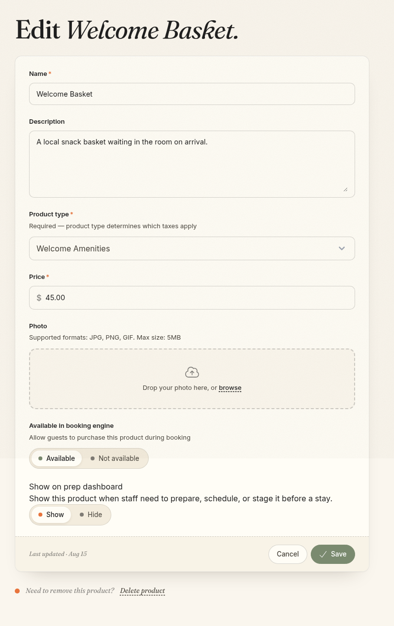 A product configured for online booking and staff preparation