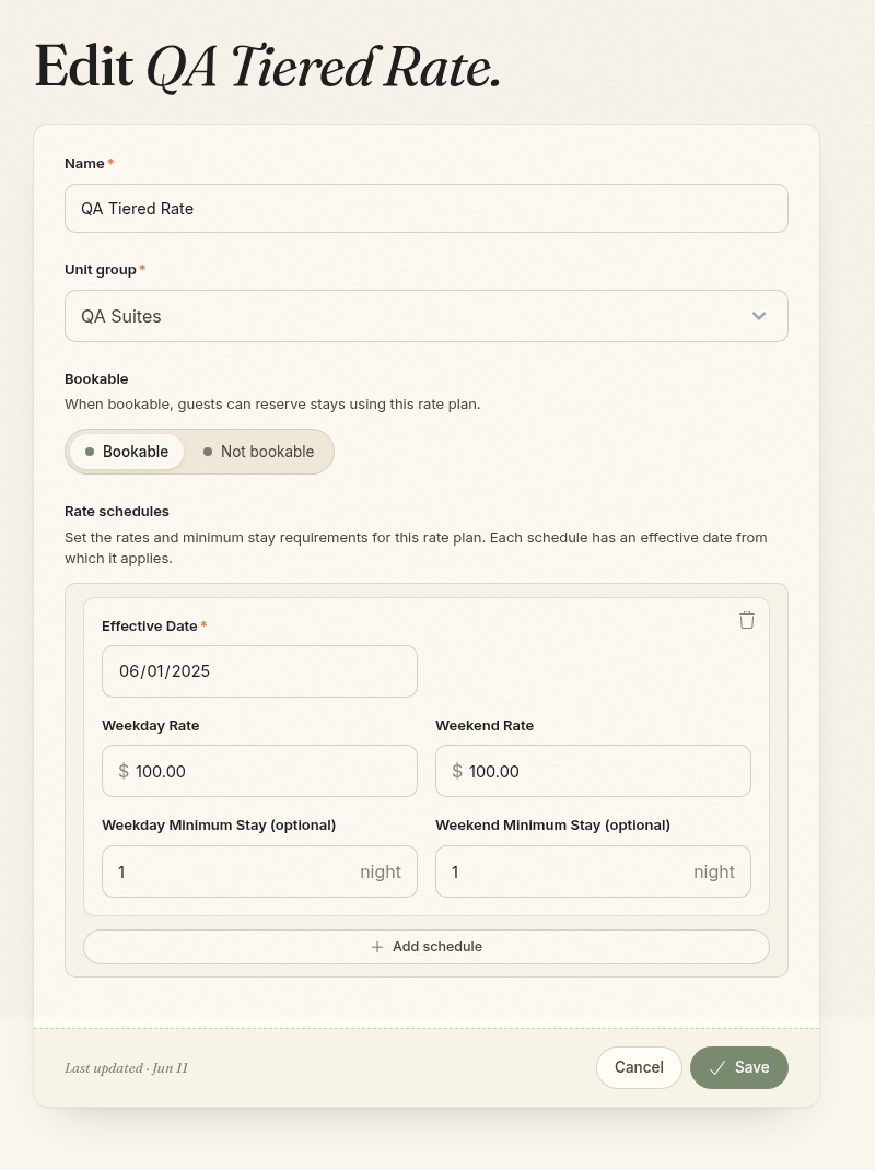 A rate plan with weekday, weekend, and minimum-stay settings