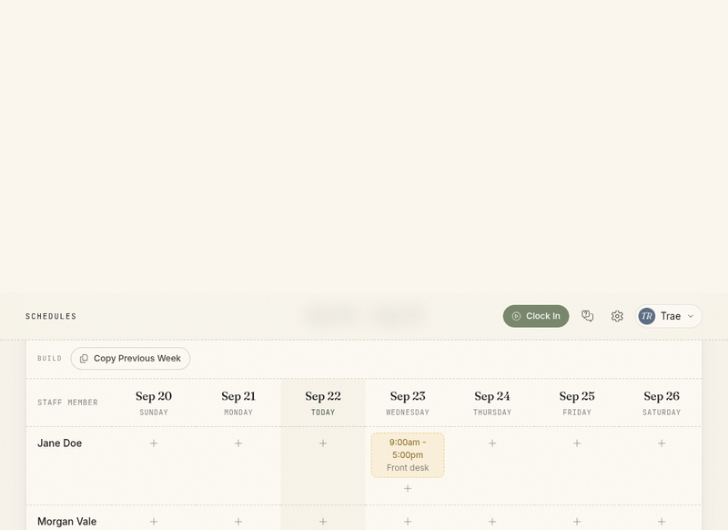 The weekly schedule builder with draft shifts and approved time off