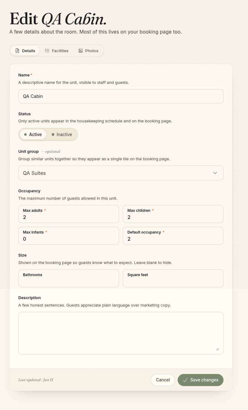 Unit details with occupancy and status settings